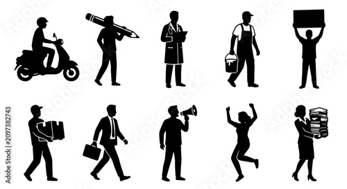 Fotografía 70 Diverse Professions Silhouette Icons Set: Delivery, Artist, Doctor, Builder,
