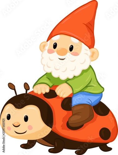 Garden gnome riding a cheerful ladybug across the grass, perfect for nursery decor, storybook illustrations