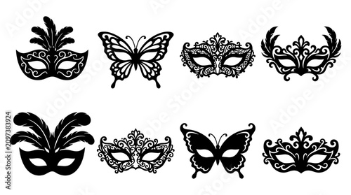 Fotografie Masquerade Masks and Butterfly Silhouettes Vector Set
