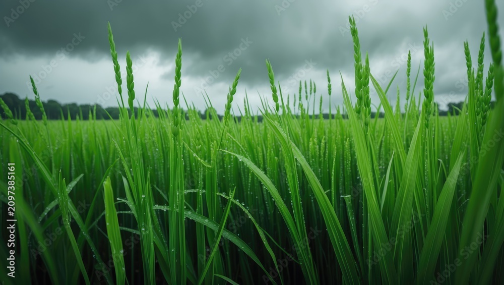 Fototapeta premium Freshly planted rice trees are subjected to morning dew water.