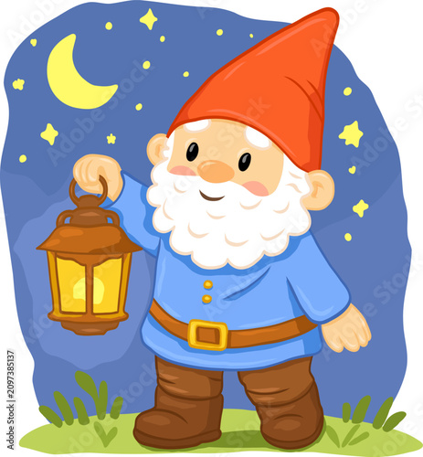 Garden gnome holding a glowing lantern beneath a moonlit sky, perfect for bedtime stories, nursery decor