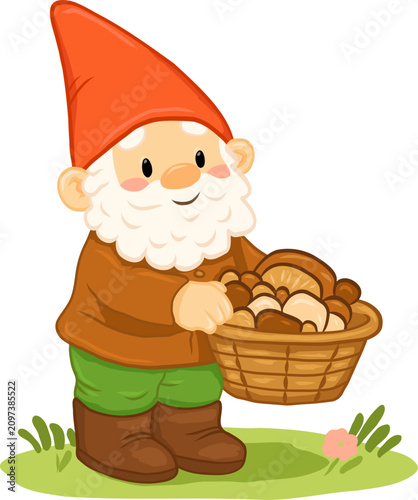 Garden gnome carrying a basket of mushrooms in the grass, perfect for autumn decor, recipe cards
