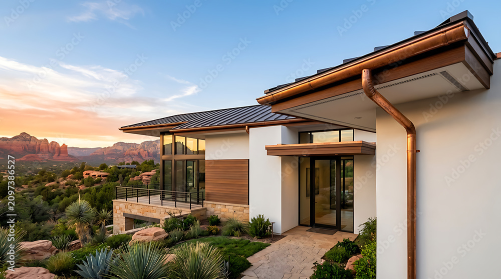 Fototapeta premium Modern hillside residence with expansive glass windows, sleek design, and scenic desert landscape backdrop capturing