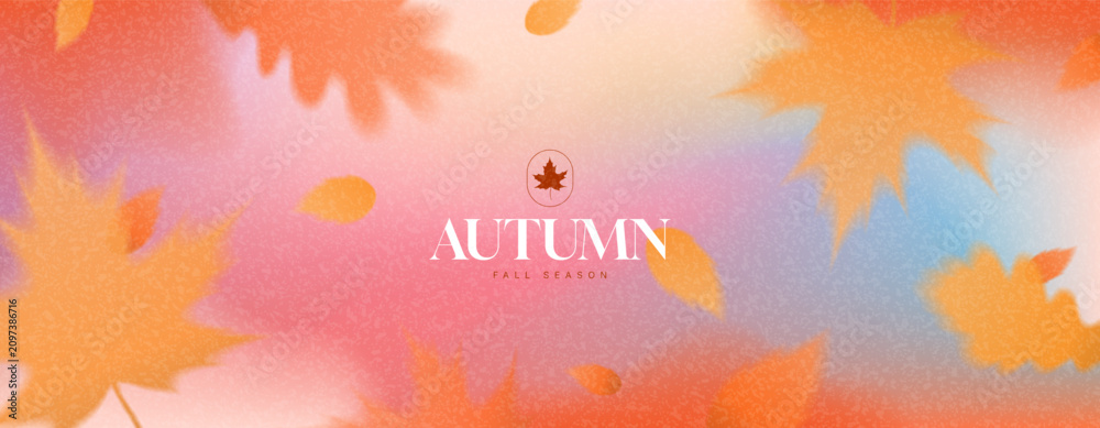 Fototapeta premium Horizontal gradient autumn banner. Vector illustration with falling leaves on gradient blurred background for decoration seasonal sale, advertising, branding, promotion, cards. Fall season concept.