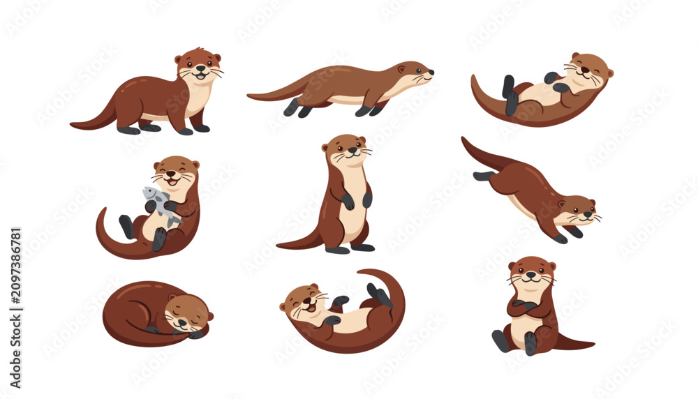 Obraz premium Cute otter cartoon character set swimming sleeping eating fish standing and playing actions collection vector illustration isolated bundle
