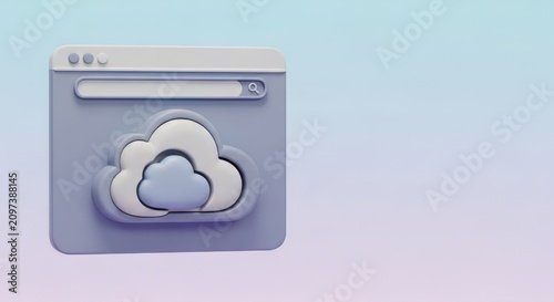 3D browser window with search bar and cloud icon. Cloud data search and internet information retrieval concept. Web interface illustration on pastel background