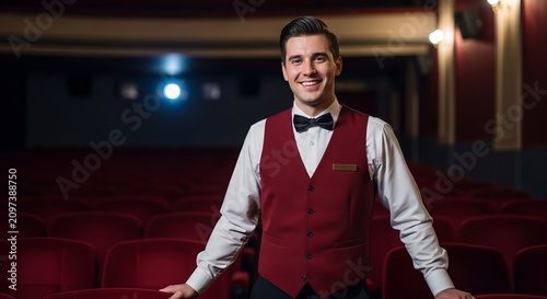 Smiling male cinema usher in a red vest and bow tie. Professional theater staff standing in an empty auditorium. Entertainment service concept