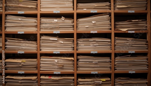 Stacks of organized files on wooden shelves