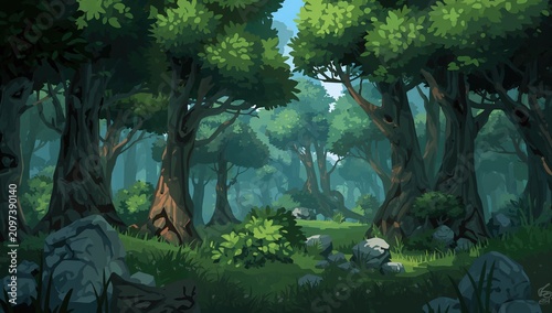 Lush Forest Landscape with Rocky Terrain - Stylized Illustration, Serene Atmosphere