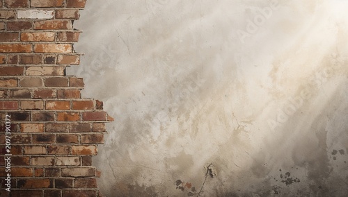 Exposed Brick Wall with Textured Beige plaster Background in Soft Natural Light