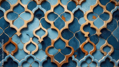 Texture of retro glossy blue mosaic ceramic wall tiles for architecture, design, and decoration in the kitchen and bathroom. Turkish Portuguese ceramic tiles wall background.