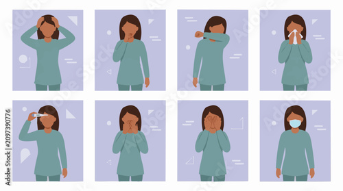 Cuadro en lienzo Woman showing common illness symptoms and preventive hygiene practices