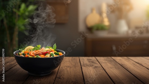 Steaming Bowl of Colorful Vegetable Dish with Fresh Herbs on Wooden Table