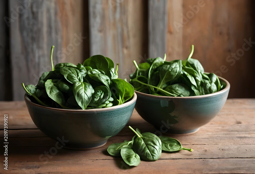 Fresh spinach leaves in cer...
