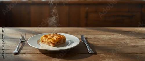 Obraz  z motywem Rustic wooden table with baked tuna casserole and cutlery arranged with empty copy space