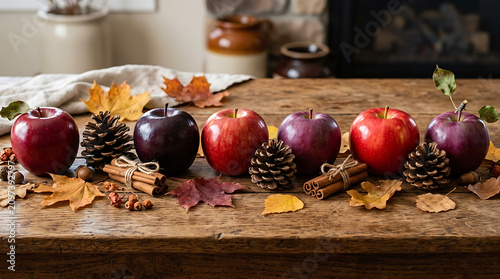Rustic wooden table decorated with fresh red apples, pine cones, cinnamon sticks, and colorful autumn leaves for a cozy seasonal fall atmosphere