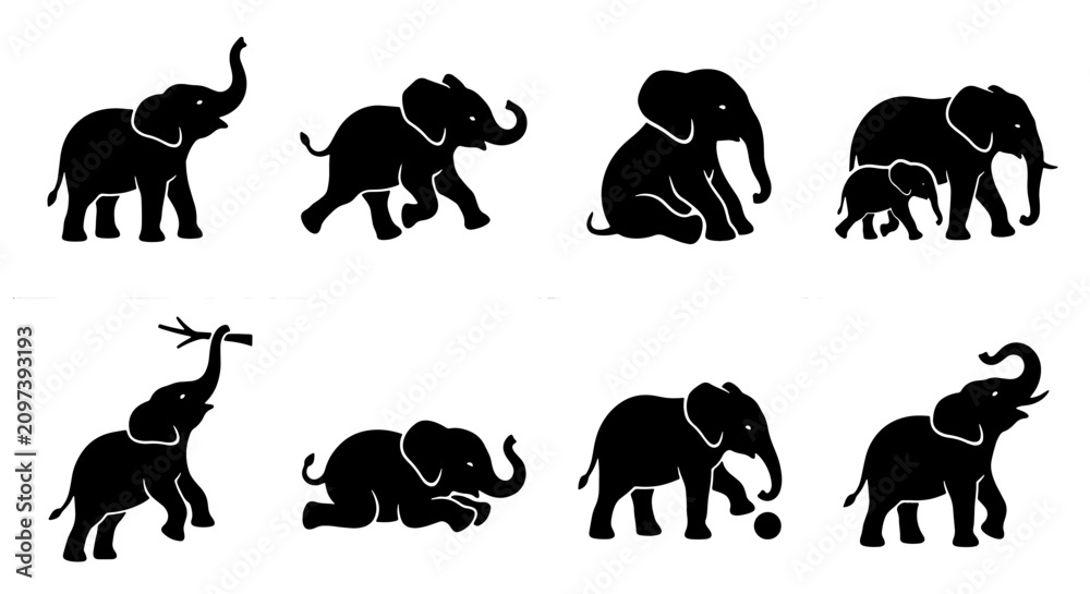 Fototapeta premium 70 Elephant Silhouettes Collection, Diverse Poses Vector Set, African Wildlife Animal Graphics, Baby Elephant Family Iconography, Playful Trunk Action Illustrations 100