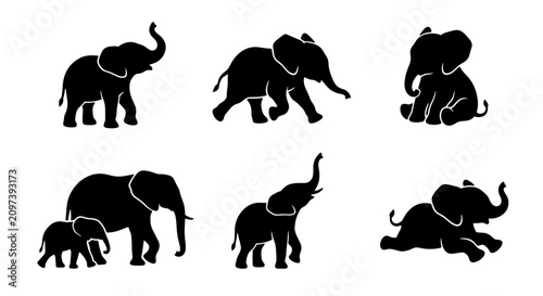 Obraz na plátně 70 Elephant Silhouettes Collection, African Wildlife Vector Icons, Baby Elephant