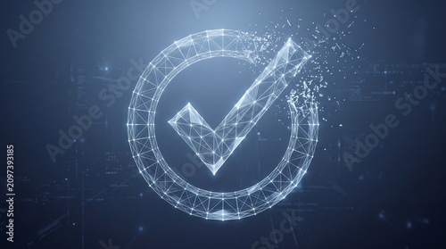 Digital check mark symbol as a glowing abstract particle wireframe icon with verified confirmation approval wireframe technology particle abstract illustration validation interface