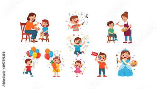 Happy kids face painting and birthday party celebration vector illustration bundle with cute children characters and balloons