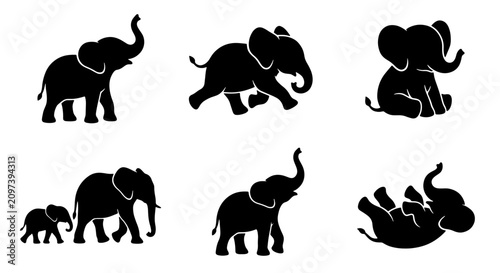Fotografie 70 Silhouette Elephant Collection, Vector Graphics Set of Six Diverse Poses, Afr