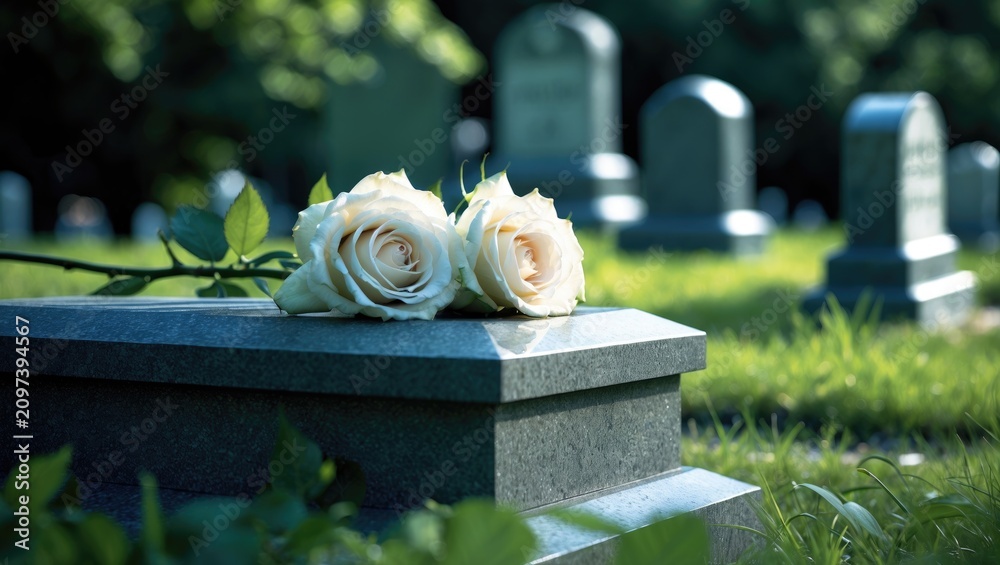 Obraz premium Two white roses resting on a marble tombstone.