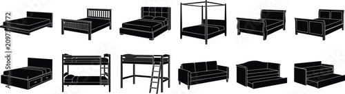 Foto Bed Furniture Silhouette Bundle Featuring Modern Bedroom Beds and Bunk Bed Vecto