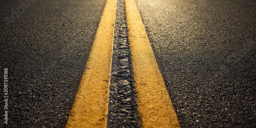 Closeup View of Asphalt Road with Double Yellow Lines in Warm Light