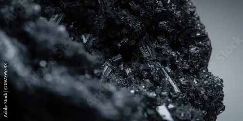 Macro detail of black tourmaline mineral specimen highlighting internal features