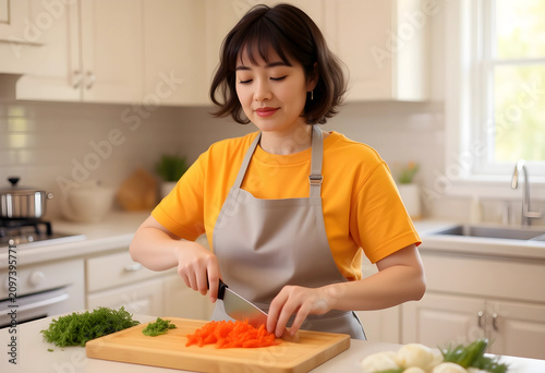 Young woman chopping carrot...