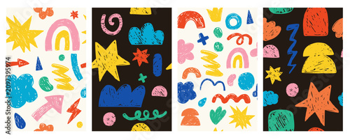 Seamless pattern set shapes and doodles with crayon texture. Cute naive symbols, squiggles and colorful geometric kids elements. Clouds, rainbow, sun, stars, crowns, hearts, arrows. Vector