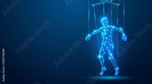 Conceptual illustration of a digital human marionette controlled by glowing blue lines on dark background with marionette technology artificial intelligence manipulation abstract