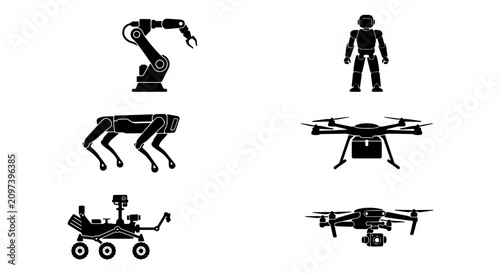 Fotografía 70 Robotics and Automation Icons: Industrial Robot Arm, Humanoid Robot, Quadruped Bot, Mars Rover, Drone Set