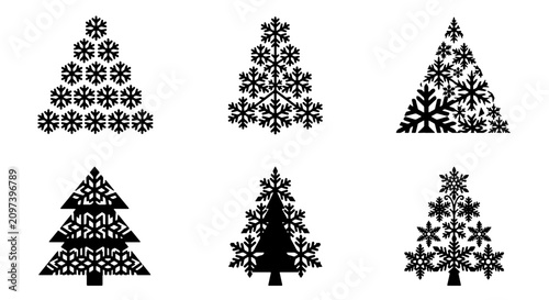Cuadro en lienzo 70 Winter Snowflake Christmas Tree Icons Set, Festive Holiday Vector Graphics, S