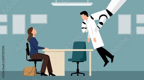 Foto AI automation: Robot replacing human doctor as a woman observes in a clinic
