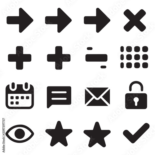 Collection of black flat including arrows, plus, minus, grid, calendar, chat, envelope, lock, eye, star, and checkmark