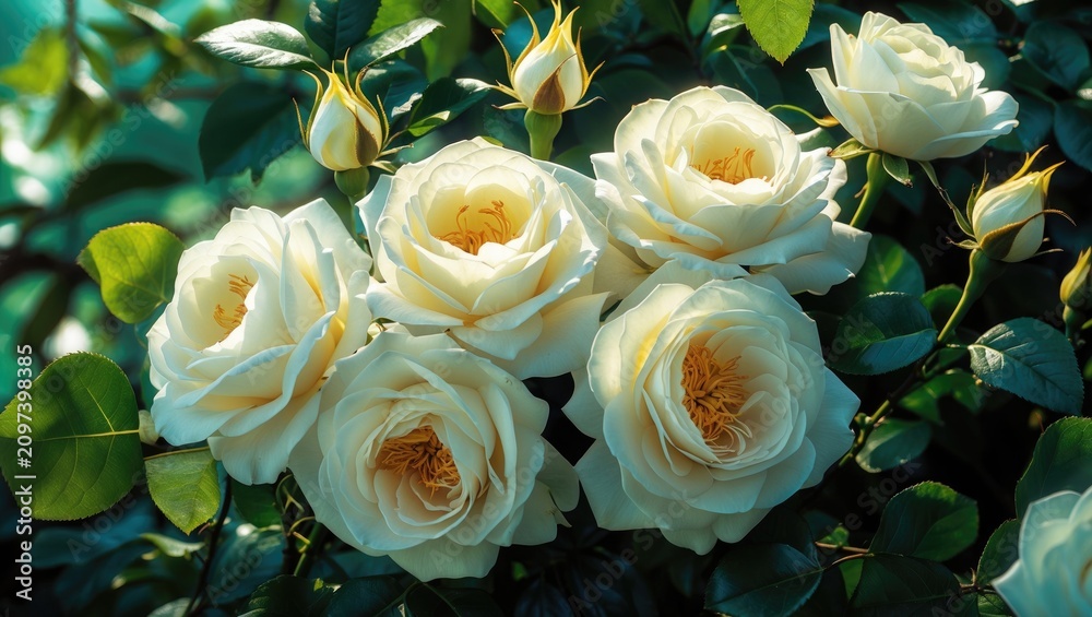 Fototapeta premium White color Hybrid Musk Rose Neige d'Ete flowers blooming in a garden during July 2023