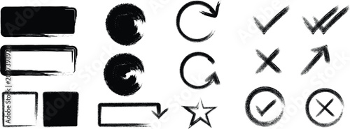 Black grunge brush strokes shapes and symbols set, isolated vector design elements.