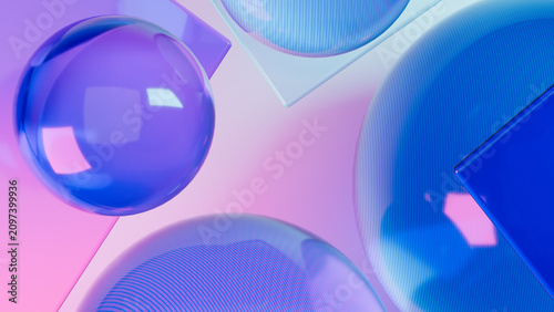 Abstract 3D geometric background with floating translucent glass spheres and squares in vibrant neon pink and blue pastel gradient colors.