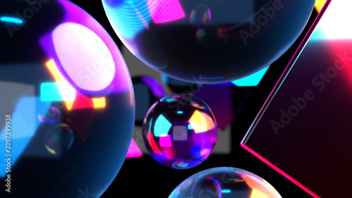 Dark abstract 3D background with floating glass spheres reflecting vibrant glowing neon lights in cyberpunk style.