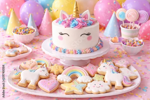 Unicorn Birthday Cake Surrounded by Colorful Treats - Festive Table Setting, Pastel Colors, Whimsical Vibe