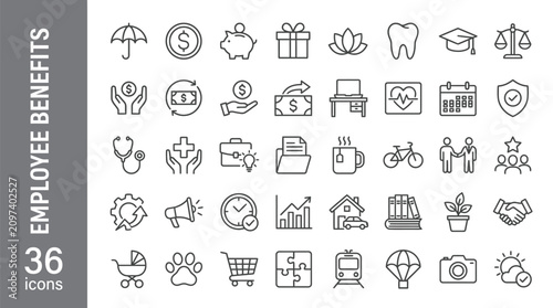 Employee benefits icon set featuring insurance, health, wellness, rewards, and accessibility symbols for HR design, branding, and creative projects