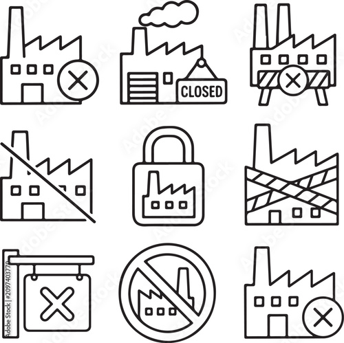 A collection of black and white line art icons depicting closed factories and industrial.