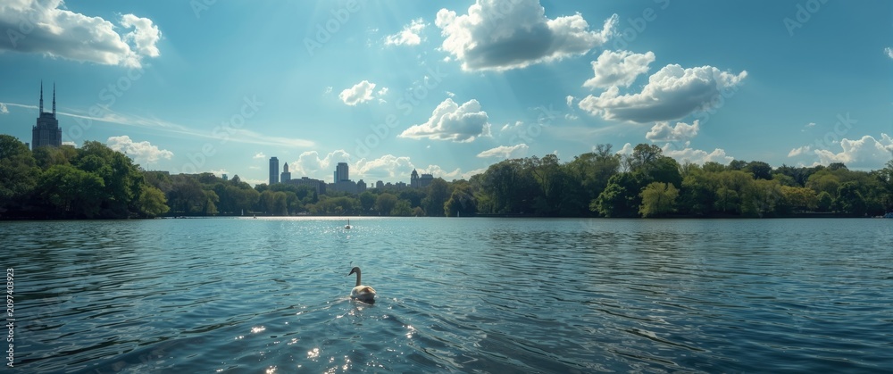 Fototapeta premium Swan Swimming on a Calm Lake with City Skyline and Fluffy Clouds