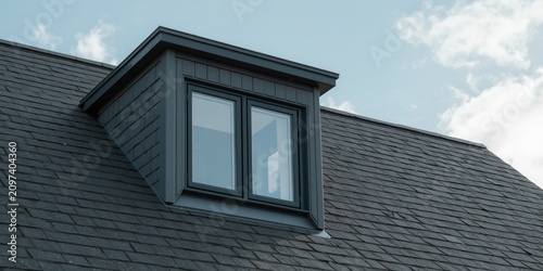 Modern Roof Dormer Window on Slate Roof Against Blue Sky