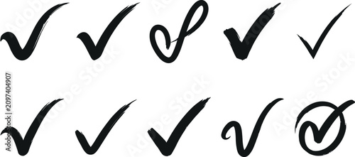 Tableau sur toile Set of ten hand-drawn check mark icons with varying brush strokes verified check
