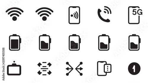 Set of black for technology and connectivity, including wi-fi, battery, 5 g, and phone symbols