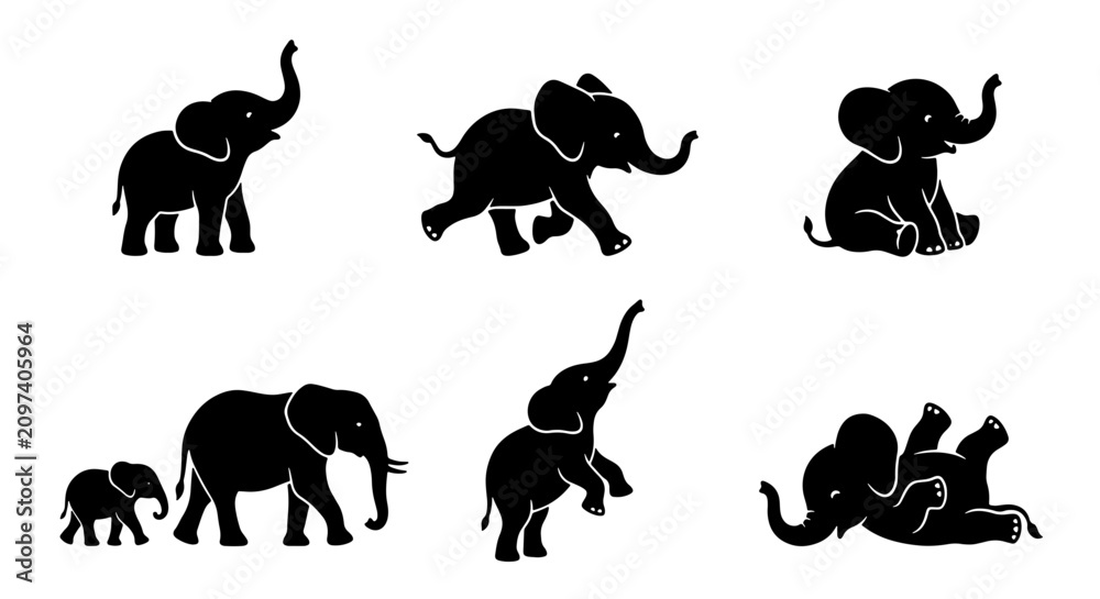 Obraz premium 70 Six Adorable Elephant Silhouettes, Vector Graphics Set: Baby Elephants, Adult Elephants, Playful Poses, Simple Black and White Icons for Children's Designs, Wildlife Themes