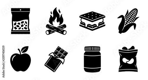 Fotografía 70 Campfire Food Icons, S'mores Ingredients, Snacks, and Produce Vector Set