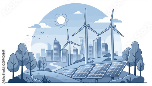Sustainable city landscape with wind turbines and solar panels, blue monochrome eco friendly smart metropolis vector illustration